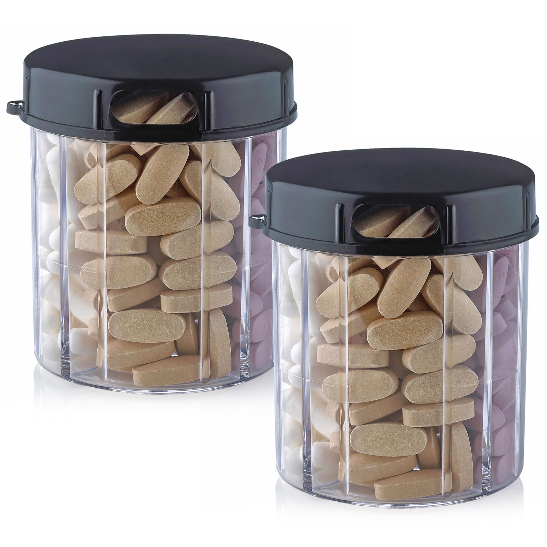 Round Pill Box with 4 Compartments for Medicine, Vitamins and Supplements - Black and Transparent2 Pack Round Pill Box with 4 Compartments for Medicine, Vitamins and
