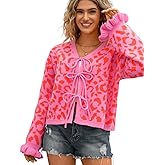 ChiaoLezhee Womens 2000s Bow Cardigan, V-Neck Tie Open Front Loose, Leopard Ruffle Cuffs Knit Sweater, Cute Valentines Outfit