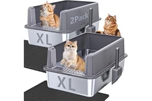 2 Pack XL Stainless Steel Litter Box with 2 Scoop & 2 Mat, Metal Cat Litter Pan, High Sided, Anti-Urine Leakage, Odor-Free & 
