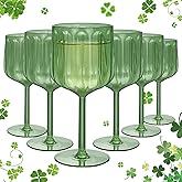 LEYIQU Plastic Wine Glasses 14oz Set of 6, Vintage Goblets Unbreakable Reusable BPA-Free Stemmed Drinking Glasses for Parties, Weddings & Events Petal-Patterned, St. Patrick's Day (Green)