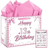 ONANNA Coquette 13th Birthday Gift Bag with Tissue Paper and Greeting Card Pink Bow 13th Birthday Gifts Wrapping Paper Bag for Girls, 13 Year-Old Teenager Present Wrap Bday Decorations Supplies