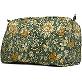 Cotton Hand Block Floral Print Toiletry Bag For Women Make Up Cosmetic Bag Jewelry Organizer Kit Storage Bag Case Travel Accessories Essentials Toiletries Purse Open Pouch, Green (9.25"x 6.88"x 4.5")