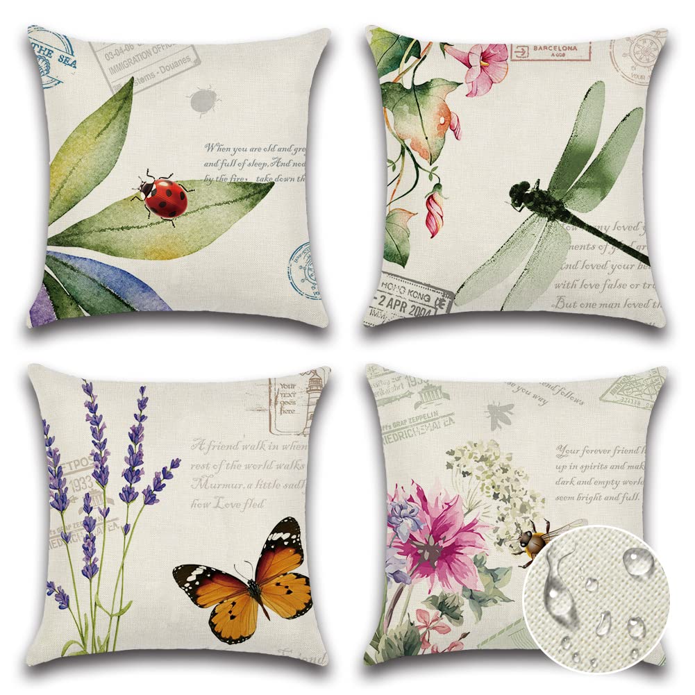 JOTOM Outdoor Decorative Cushion Covers 45x45 cm Waterproof Throw Pillow Covers Outdoor Cushions Butterfly Patio Garden Flower Pillowcases for Bench Sofa Indoor Decoration Set of 4 (Insects and Plant)