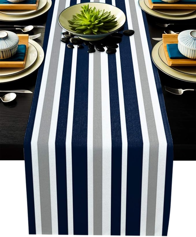 Stripe Table RunnerNavy Blue Gray White Cotton linenSmall