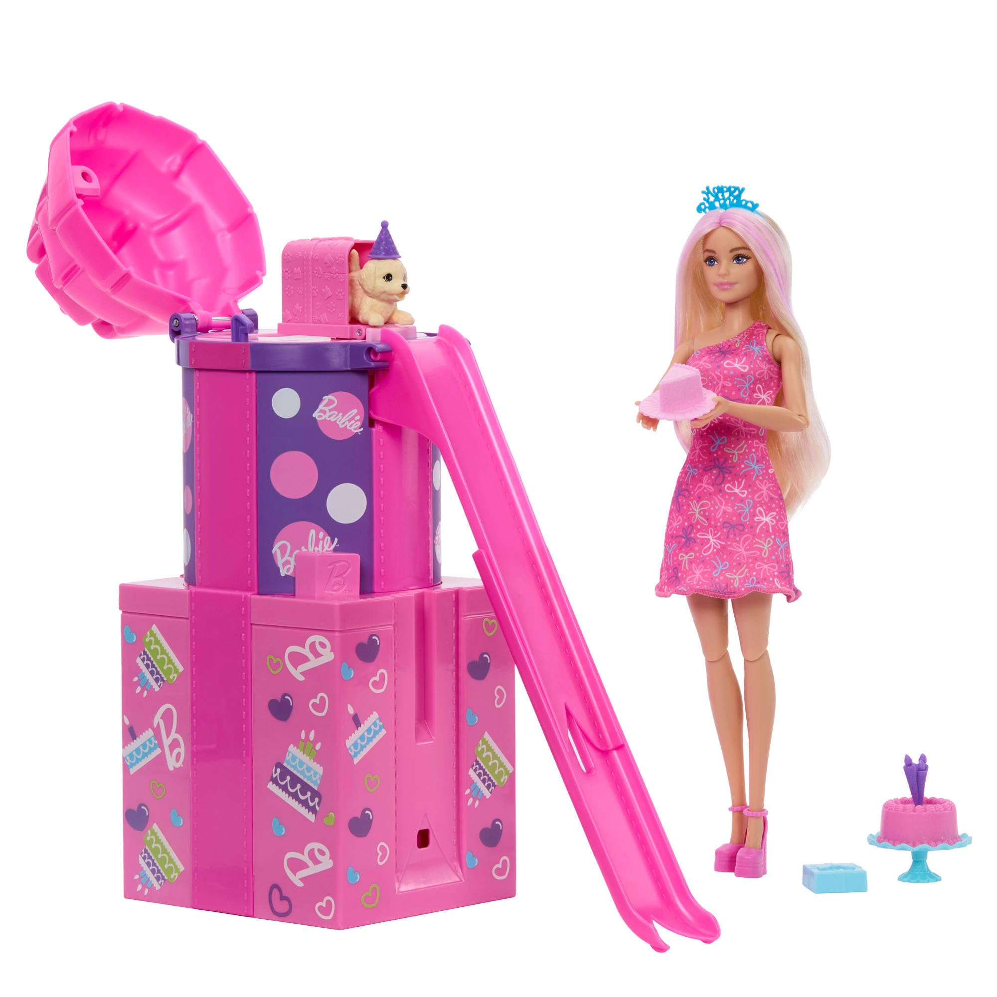 Barbie Rise & Surprise 인형 및 액세서리 | 패션 인형, 애완 동물 생일 시리즈, 슬라이드 및 색상 변경 활동을 포함한 12가지 서프라이즈