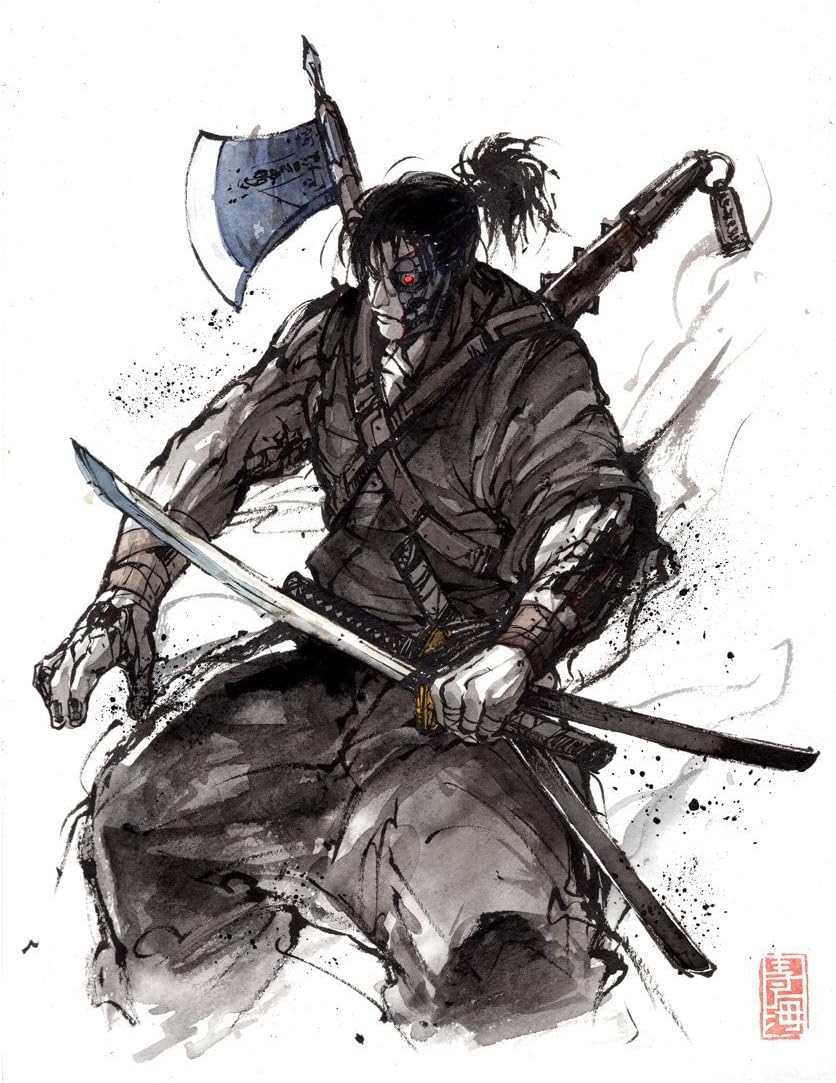 8x10 PRINT of sumi watercolor Samurai Terminator T-800 with katana, axe, and kanabo