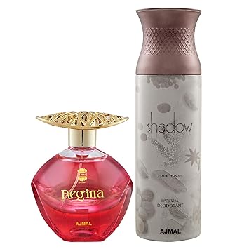 Ajmal Regina EDP Floral Fruity Perfume 100ml for Women and Shadow Homme Deodorant Citrus Woody Fragrance 200ml for Men+ 2 Parfum Testers FREE