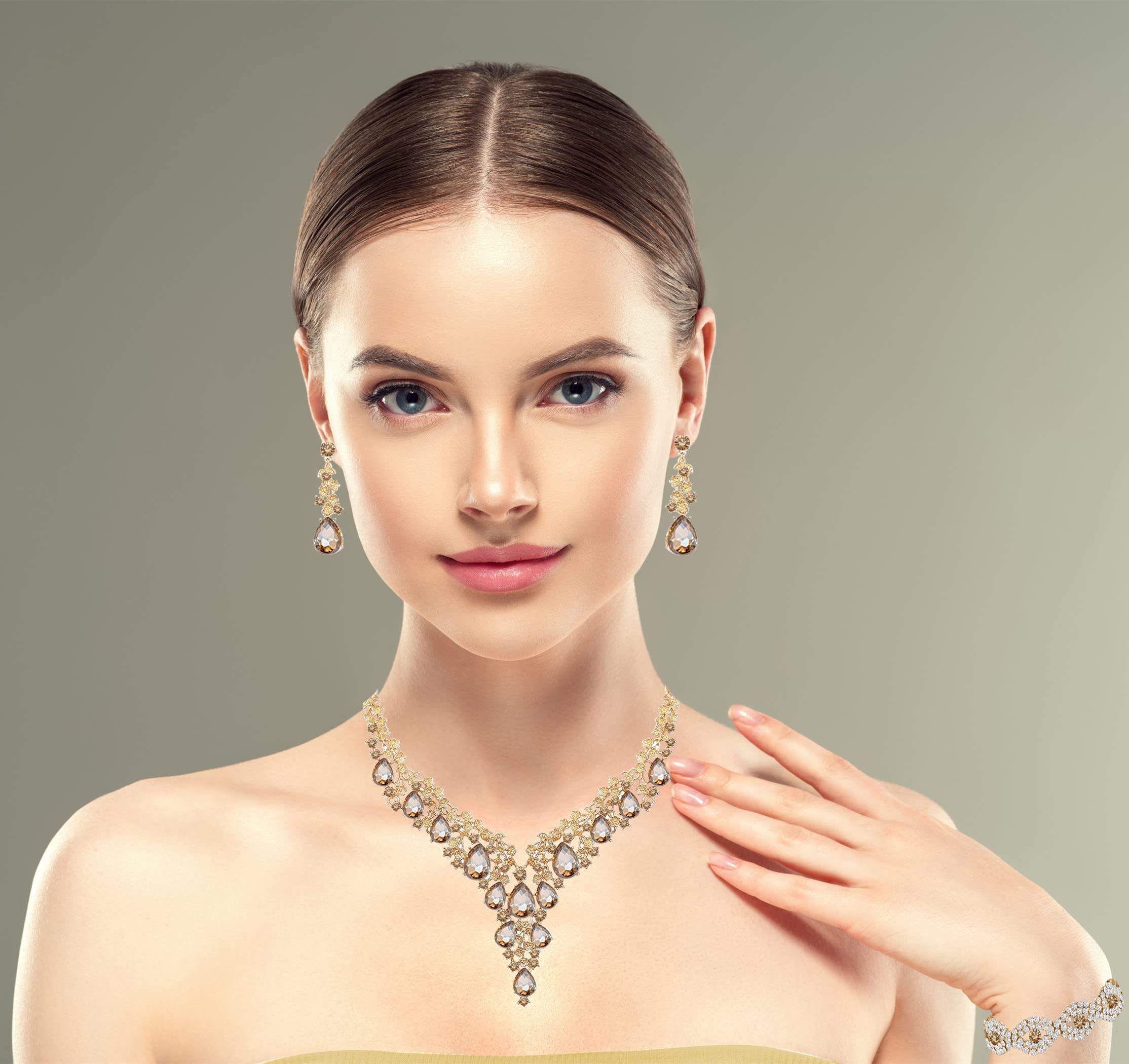 Wedding Bridal Bridesmaid Austrian Crystal Rhinestone Jewelry Sets Statement Choker Necklace Earrings Bracelets Sets for Wedding Party Prom