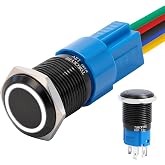TOKCKYBL 16mm Latching Push Button Switch 12V DC, IP65 Waterproof | ON/Off Black Shell, LED Angel Eye Head, 0.63" Mounting Hole, Self-Locking with Wire Socket Plug for Car, Marine, Industrial