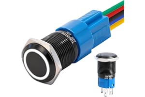 TOKCKYBL 16mm Latching Push Button Switch 12V DC, IP65 Waterproof ON/Off Black Shell with LED Angel Eye Head, 0.63" Mounting Hole, Self-Locking with Wire Socket Plug for Car, Marine, Industrial