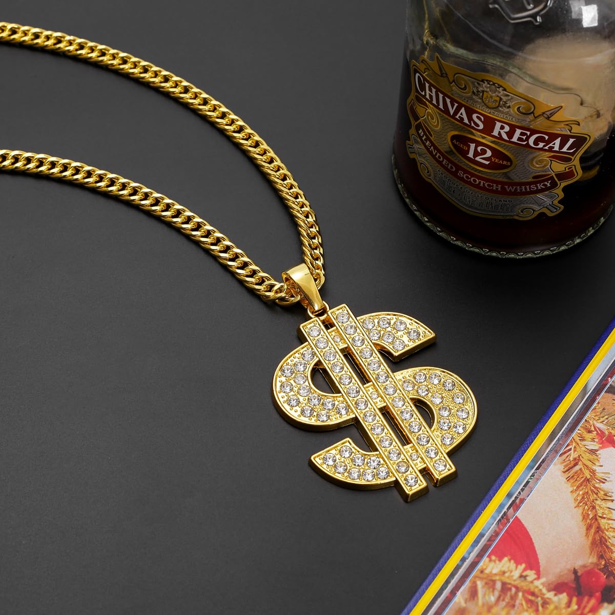 HUITIAN INTL Gold Chain with Dollar Sign Big Money Necklaces for Men Women Stainless Steel Rhinestone Jewelry Fashion Pendants with 28 Inches Cuban Chain (Gold)Spinner Dollar Sign Necklaces 36 Inches