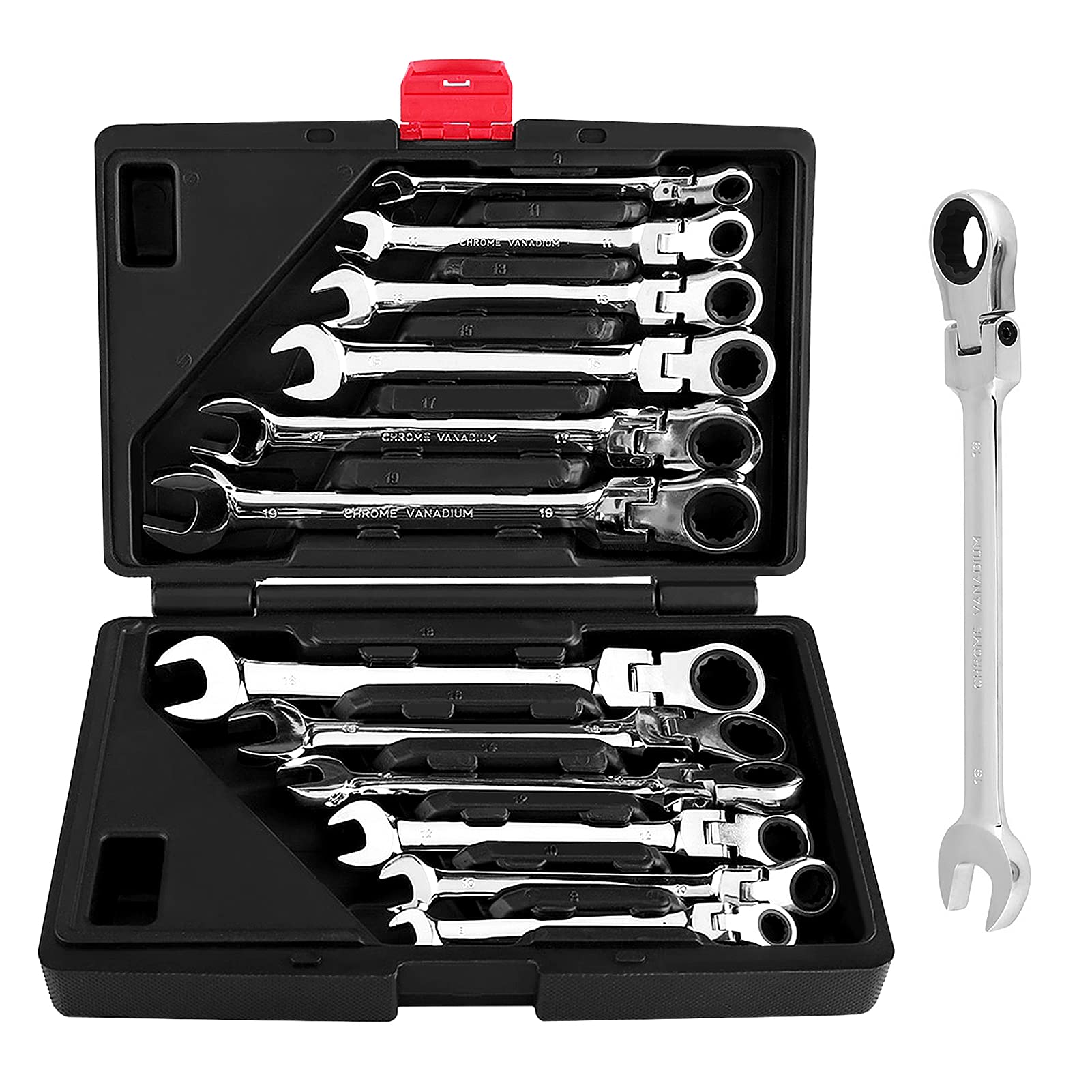 Ejoyous Fexible Ratchet Spanner Set, 12pcs 8-19mm Ratcheting Wrench Spanners Garage Repair Tool, Spanner Ratchet Set with Flexible Head, Socket Wrench Set Including Box for Repair