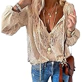 Pinclodly Lace Tops for Women Long Sleeve Tie Front Tops V Neck Lace Crochet Blouse Shirts Hollow Out Western Shirts 2025