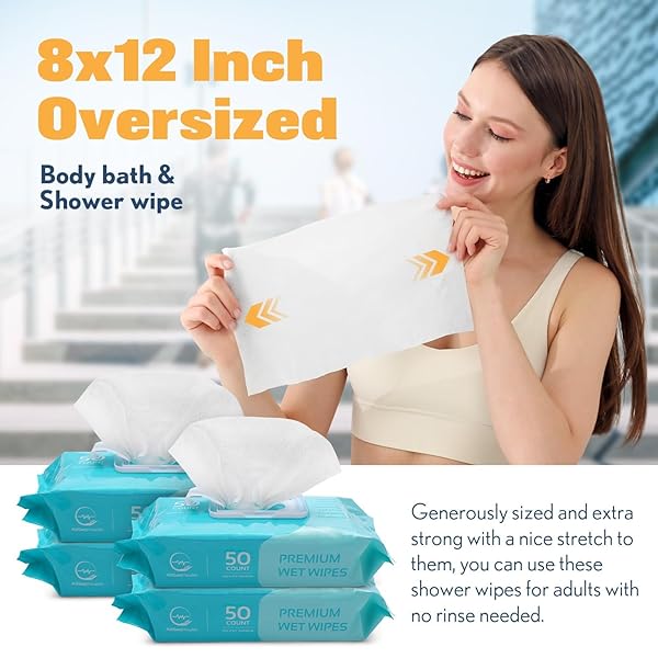 WIPES FOR ADULTS BATHING NO RINSE – ADULT WIPES FOR ELDERLY 8″ X 12″ (200 COUNT) SHOWER WIPES FOR ADULTS NO RINSE, INCONTINENCE DISPOSABLE WASHCLOTHS, ALOE VERA, VITAMIN E +4 INDIVDUAL WIPES