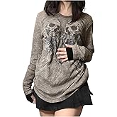 RoseSeek Women's Gothic Y2K Skull Graphic Tees Crewneck Long Sleeve T Shirts Vintage Streetwear