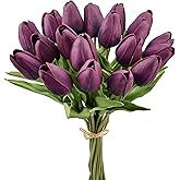 Mandy's Artificial Tulips 20 Stems Grape Purple PU Faux Flowers for Valentine's Day and Easter Decorations Wedding Home Decor 13.5 Inch