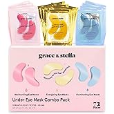 grace & stella Under Eye Mask - Reduce Dark Circles, Puffy Eyes, Undereye Bags, Wrinkles - Gel Under Eye Patches, Bulk Gifts for Women - Vegan Cruelty-Free Self Care (72 Pairs, Gold, Pink, & Blue)