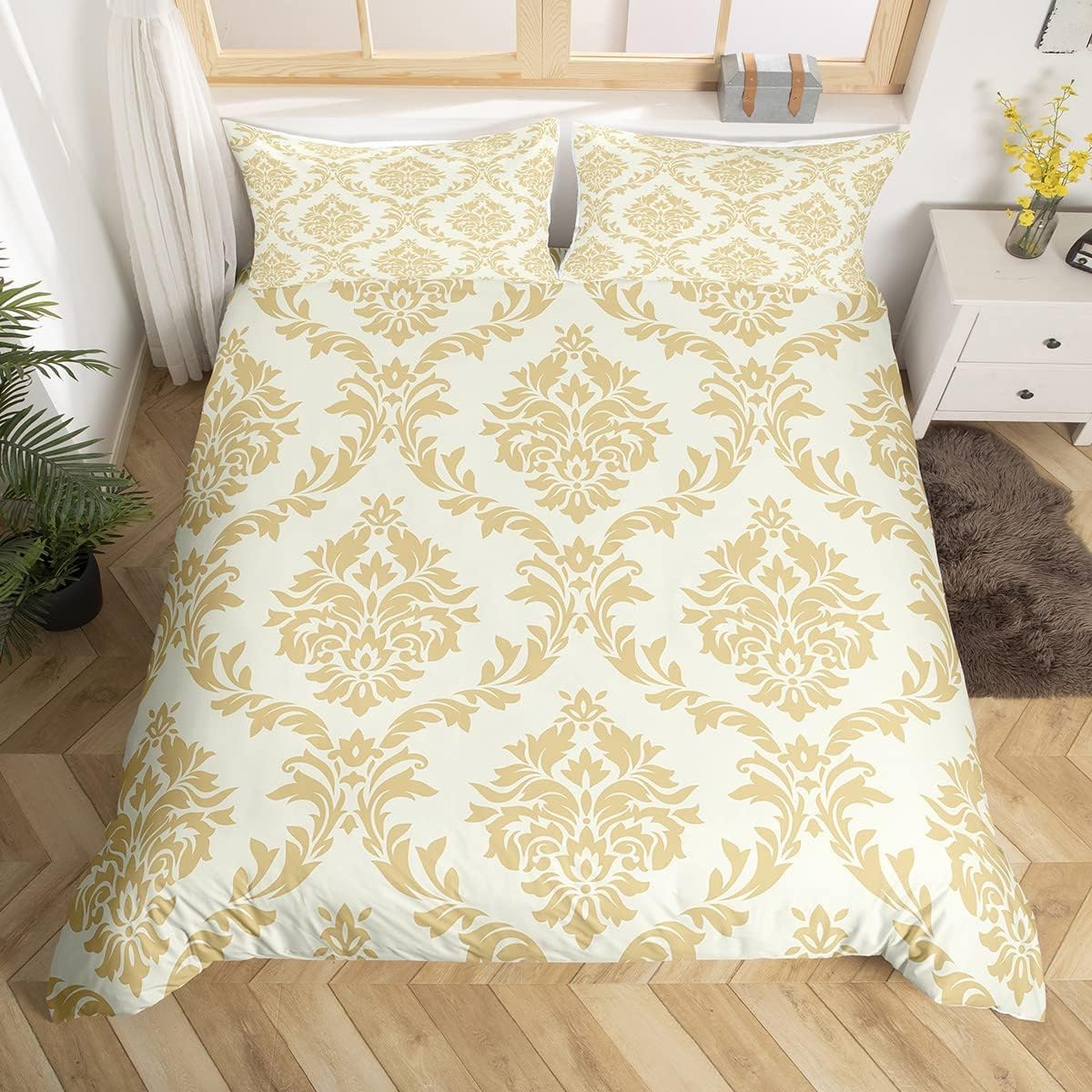 Homewish Royal Damask Bedding Sets Double Size, Purple Baroque Flower Duvet Cover Sets for Girls Women Bedroom Decor, Gold Damask Floral Duvet Sets, Luxurious Boho Medallion Bedding & Linen