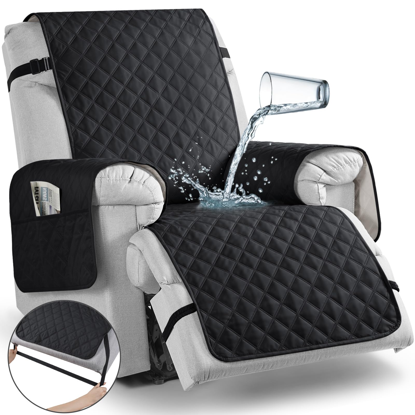Photo 1 of TAOCOCO Waterproof Recliner Chair Covers with Leg Strap 1 Piece Oversized Recliner Covers for Large Recliner for Pets Kids, Washable Reclining Chair Furniture Protector(28'' Oversized, Black)