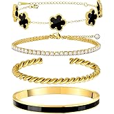 MOINSPIRE Gold Bracelets for Women, 18K Gold Plated Tennis Nail Clover love Bangle Bracelets Set Non Tarnish, Stainless Steel Trendy Stackable Bracelet Fashion Jewelry Accessories Gifts for Christmas