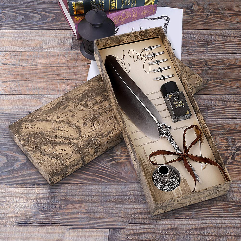 Vintage Dip Pen Set, Handmade Calligraphy Quill with 5 Replacement Nibs, Antique Copper Design, Black Ink Bottle Included
