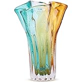 Hand Blown Wide Mouth Petal Glass vase, Colorful Modern Glass Art Home Decoration vase for Family Living Room, Wedding Venue, Dining Table Centerpiece, entryway Tabletop