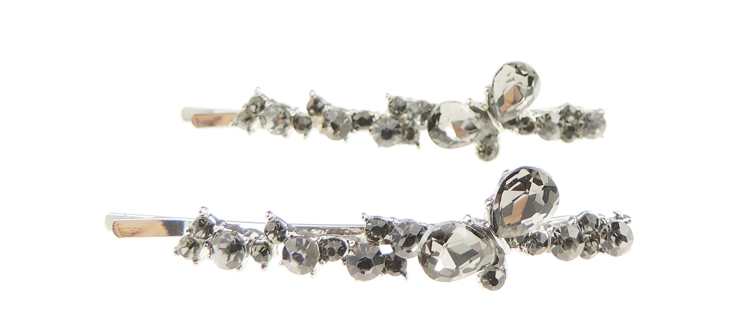 Womens Girls Sparkly Rhinestone Jeweled Crystal Diamante Party Birthday Christmas Bridal Wedding Accessories Slides Hairpin Hair Clips Grips Bobby Pins Set of 2 Silver Tone Hair Grips Butterfly (Grey)