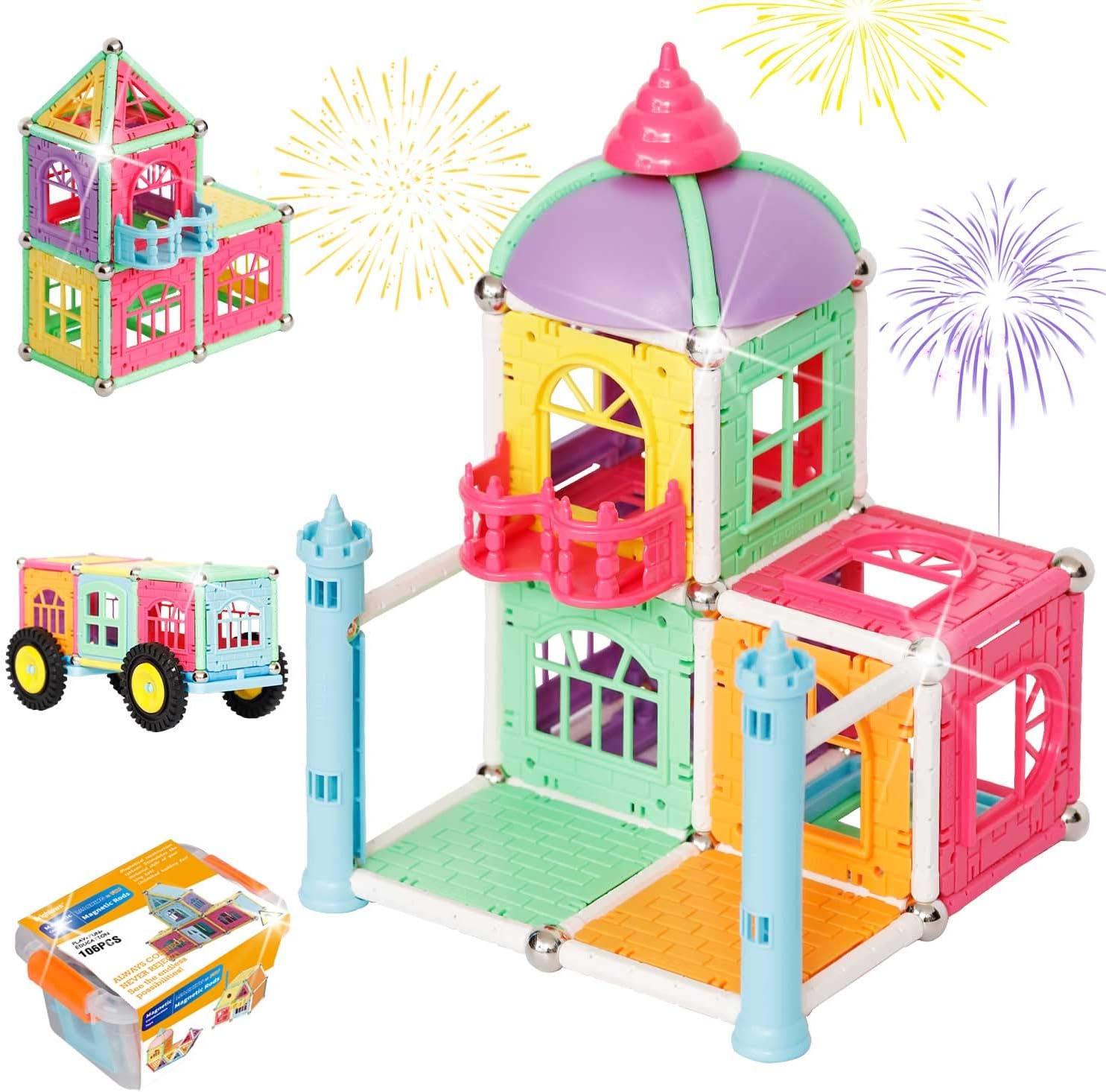 Brightown Blocks Building Set, 106 PC Sticks Construction Kit, STEM Building Block Preschool Educational Toys for Children Over 3 Years Old