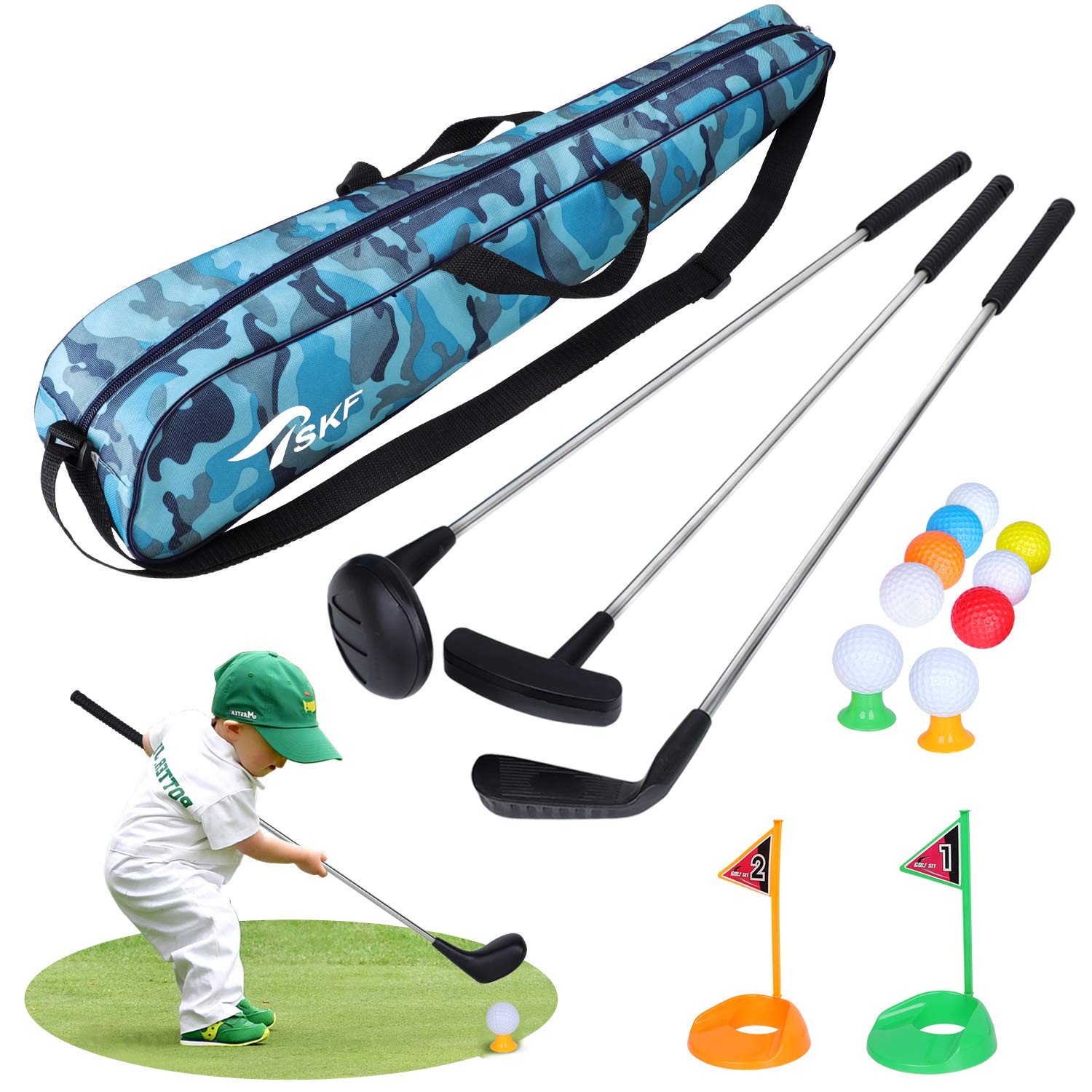 Kids Golf Clubs Toy Set, Toddler Golf Ball Game Play Set with 3 Golf Sticks, 9 Balls & 2