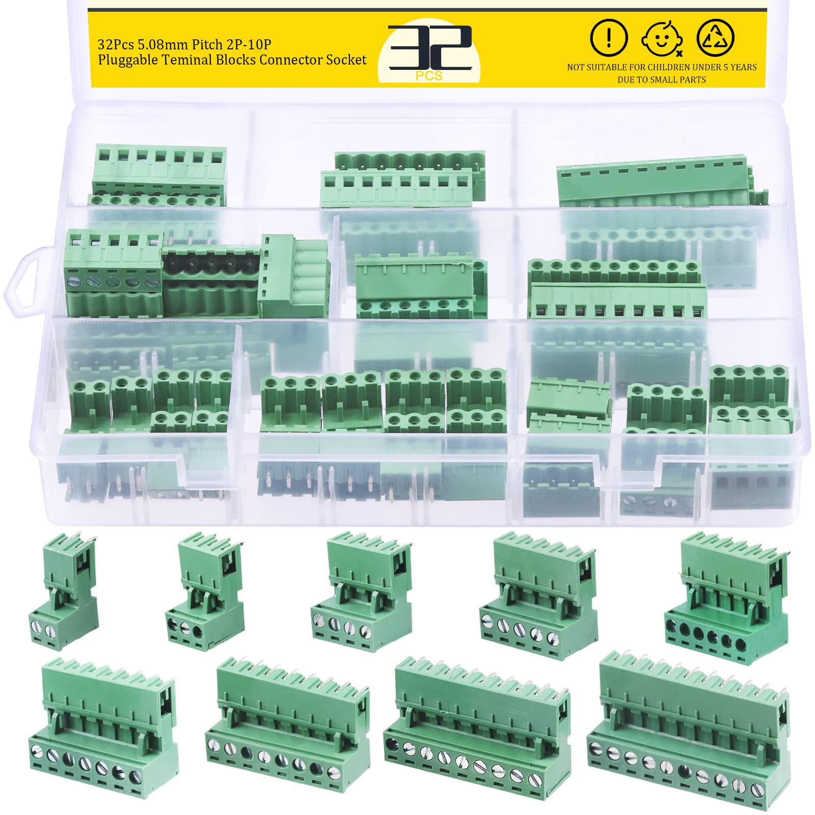 Mardatt 32Pcs 9 Type Pluggable Terminal Blocks Connector Socket, 5mm/0.2inch Pitch PCB Mount Screw Male Female Connectors(2/3/4/5/6/7/8/9 Pins)