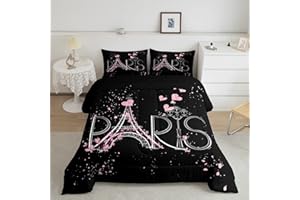 FEELYOU Eiffel Tower Comforter Set Chic Paris Bedding Set Romantic Theme Comforter for Boys Girls Children Teens Black Pink Bedroom Decor Modern French Style Duvet Set Full Size with 2 Pillow Case