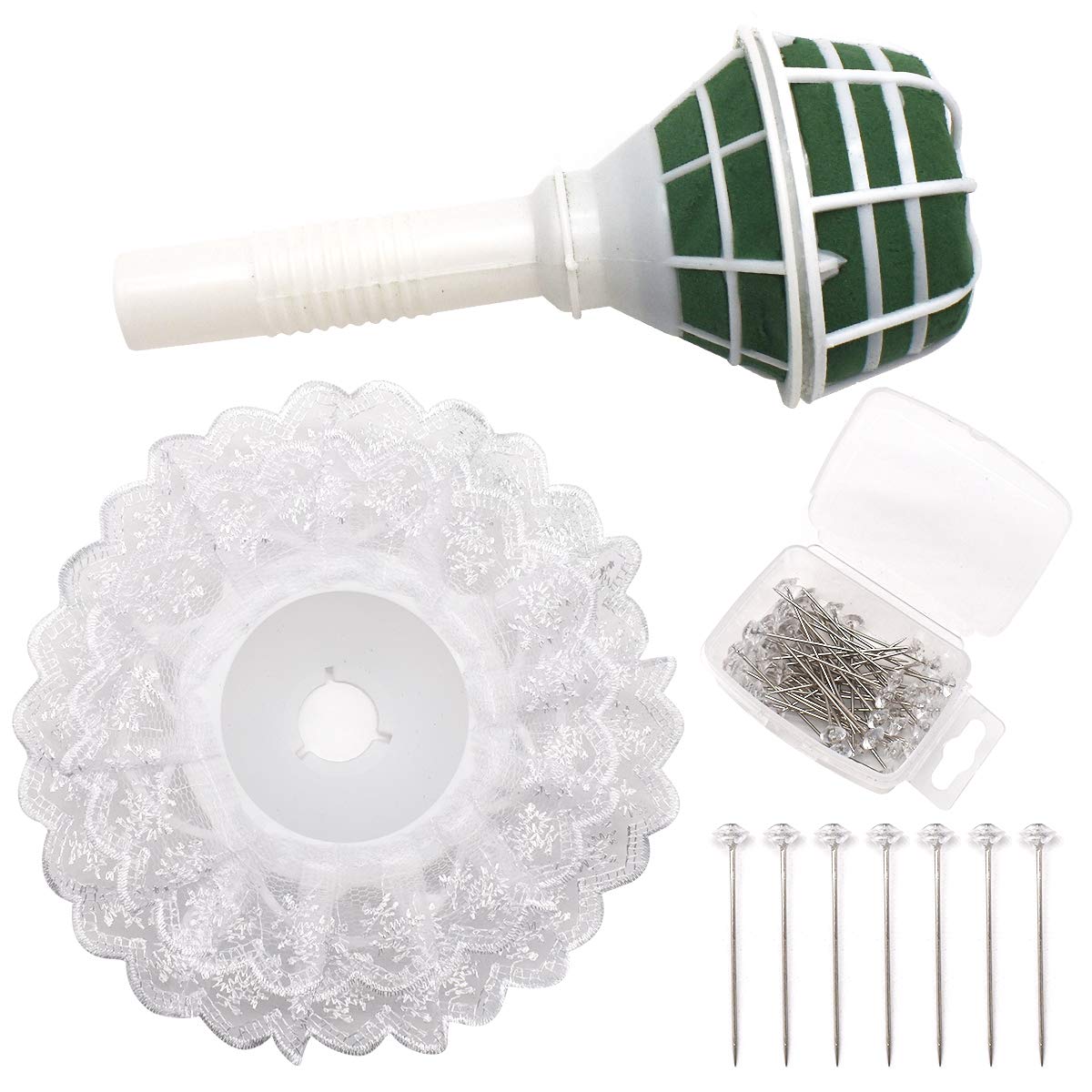 Jicyor Bride Bouquet Holder, White Edge Plastic Bouquet Holder with Handle Bride Floral Wedding Flowers Foam with 50 Pieces Pins for Crafts Decoration Arts Displays Accessories