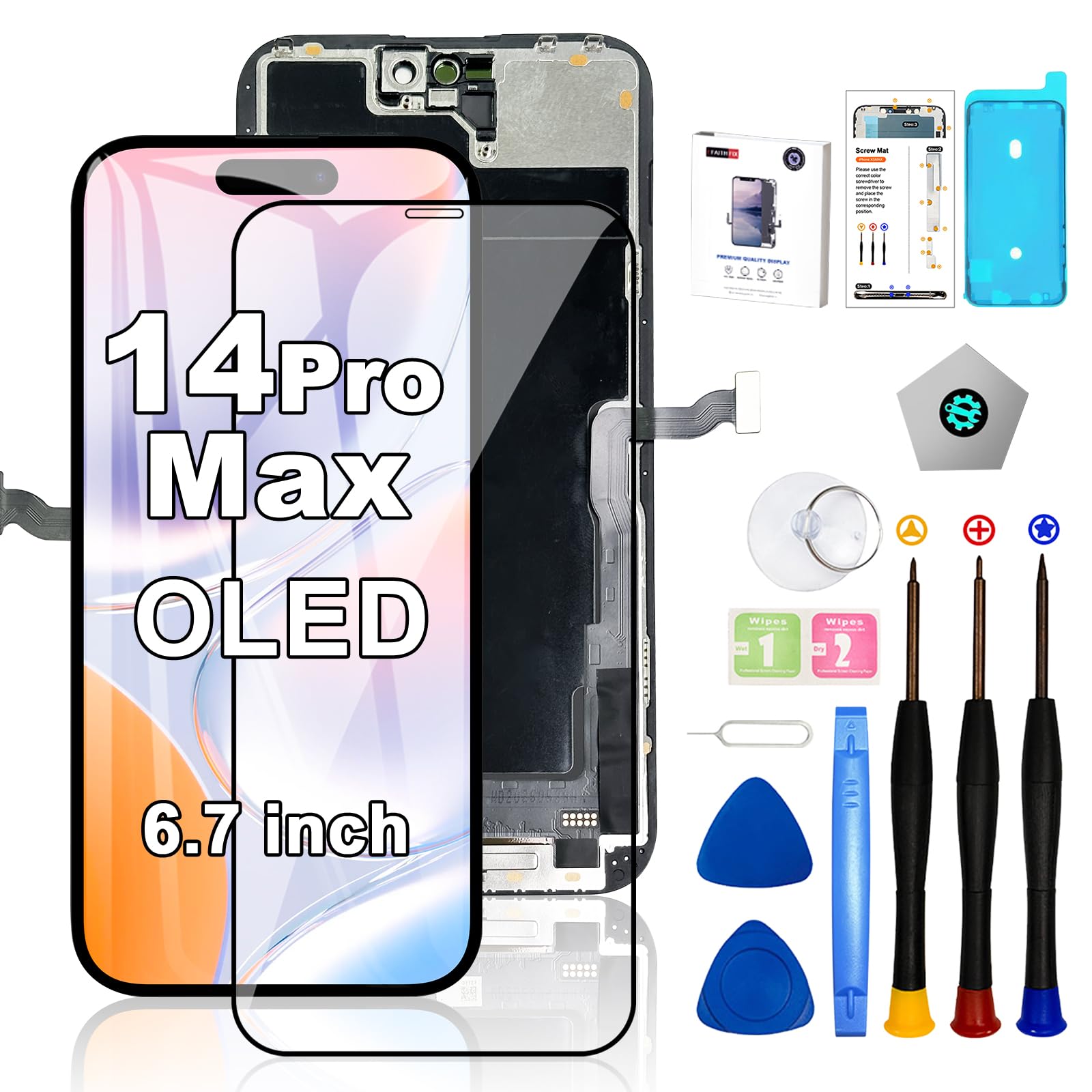 EFAITHFIX for iPhone 14 Pro Max Screen Replacement OLED [NOT LCD] 6.7'' Display 3D Touch Screen FHD Digitizer Assembly A2651 A2893 A2894 A2895 A2896 with Repair Tools Waterproof Tape Screen Protector