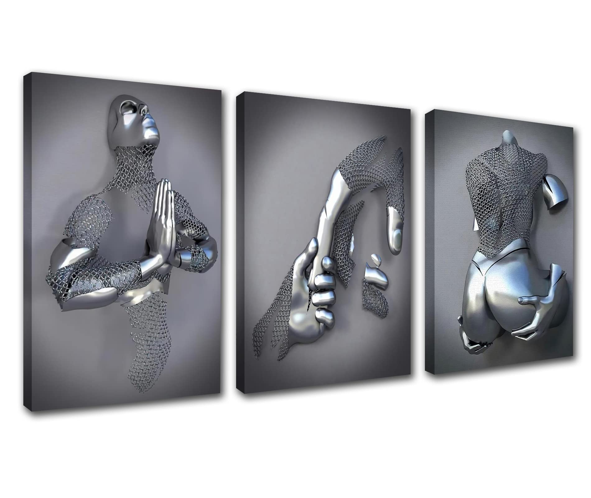 Modern Figure Statue Art Canvas Wall Art Silver Metal Figure Romantic Abstract Artwork Sliver Posters and Prints 3 Pieces Wall Pictures for Living Room Decor with Framed Ready to Hang 48''Wx24''H — image 1