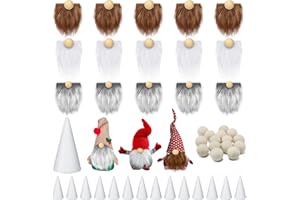Sosation 60 Pcs Gnomes Beard Sets Faux Fur Pre Cut Gnomes Beard Foam Cone Foam Handmade Wood Balls for Halloween Christmas Day Crafts(Grey, Brown, White)