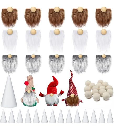 LUOZZY 30-Piece Gnome Beard DIY Kit - Precut Faux Fur Beards With Wooden Nose Balls For Christmas & Halloween Crafts (5 Colors) - View #2