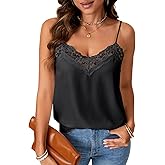 Vrtige Women's Satin Tank Summer Top Adjustable Spaghetti Lace Trim V Neck Strap Camisole