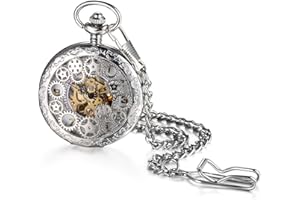 Avaner Steampunk Retro Half Hunter Copper Gear Skeleton Hand Wind Mechanical Roman/Arabic Numeral Analog Display Pocket Watch with 14" Chain