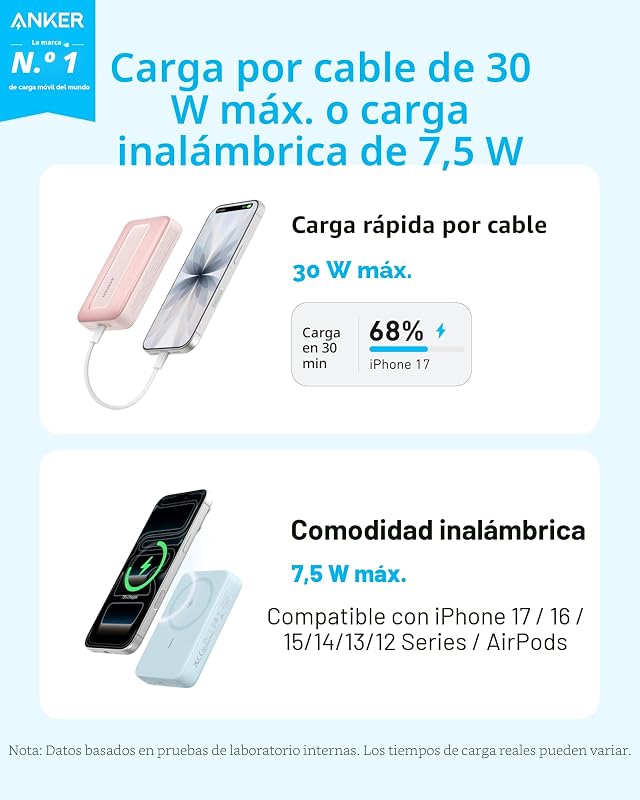 Banco de energia magnético Anker Zolo, carregador portátil sem fio compacto de 10.000 mAh com carregamento rápido máximo de 30W, bateria durável e amigável à pele, para iPhone 16/15/14, AirPods e muito mais