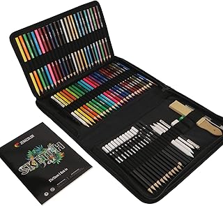 Komplettes Zeichenset 74-Teilig - Anfänger oder Fortgeschrittene, Federmappe mit 24 Wasserfarb-Malstiften, 12 Buntstifte, 12 metallische Malstifte, 12 Bleistifte und Zubehör - 1 Zeichenblock inklusive