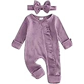 allshope Newborn Baby Girl Fall Outfit Bow Print Long Sleeve Full Length Zipper Front Ribbed Jumpsuit Infant Clothes