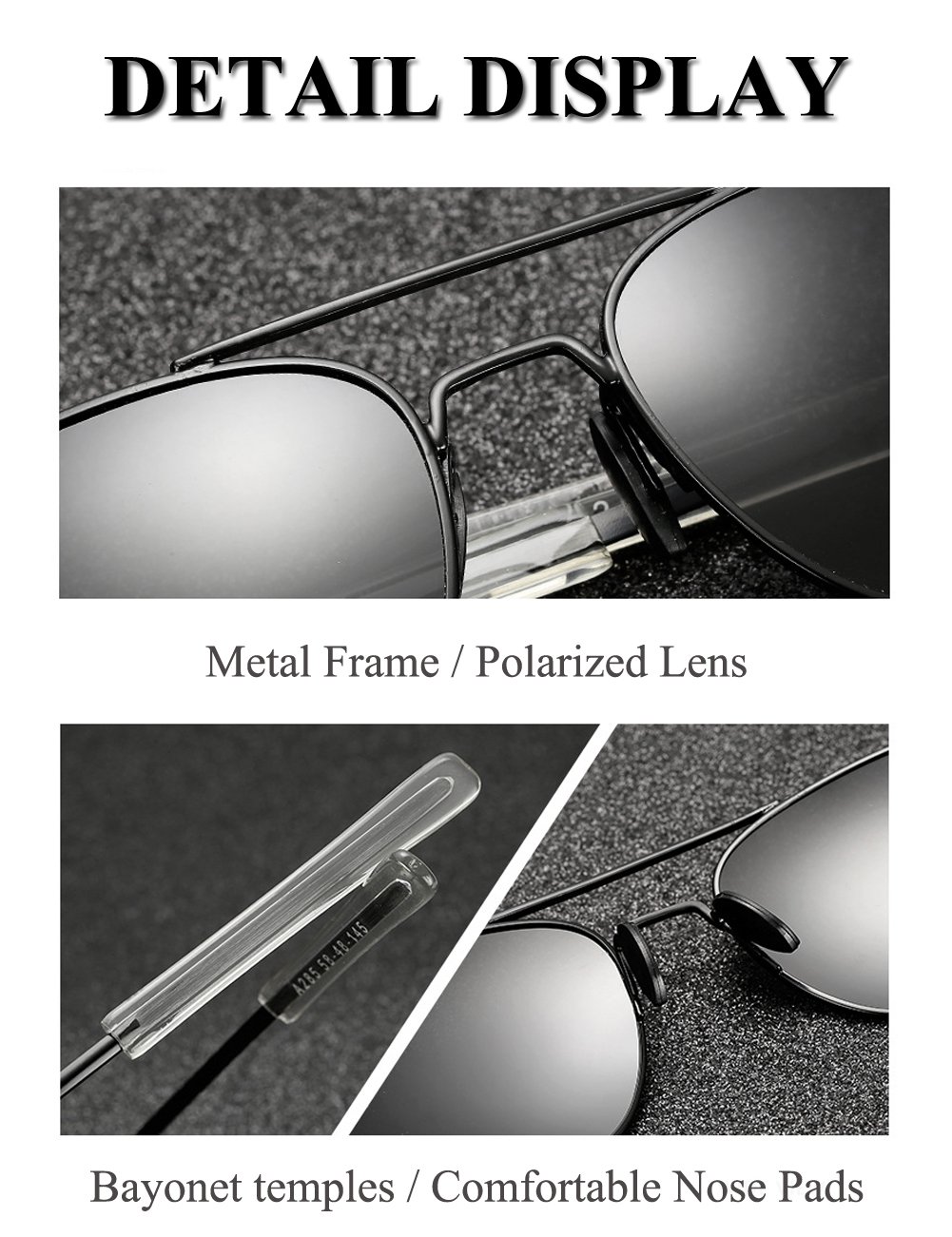 LUDEM Mens Military Aviator Sunglasses Polarized Square 55mm Pilot Bayonet Temples (Silver & Grey, 55)