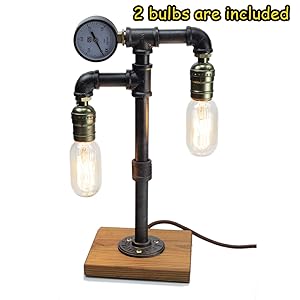 Steampunk Lamp with Dimmer, Dimmable Loft Style Industrial Vintage Antique Style Light with 2 Bulbs, Wood Base with Iron Piping Desk Lamp, Retro Desk Lamp LL-026