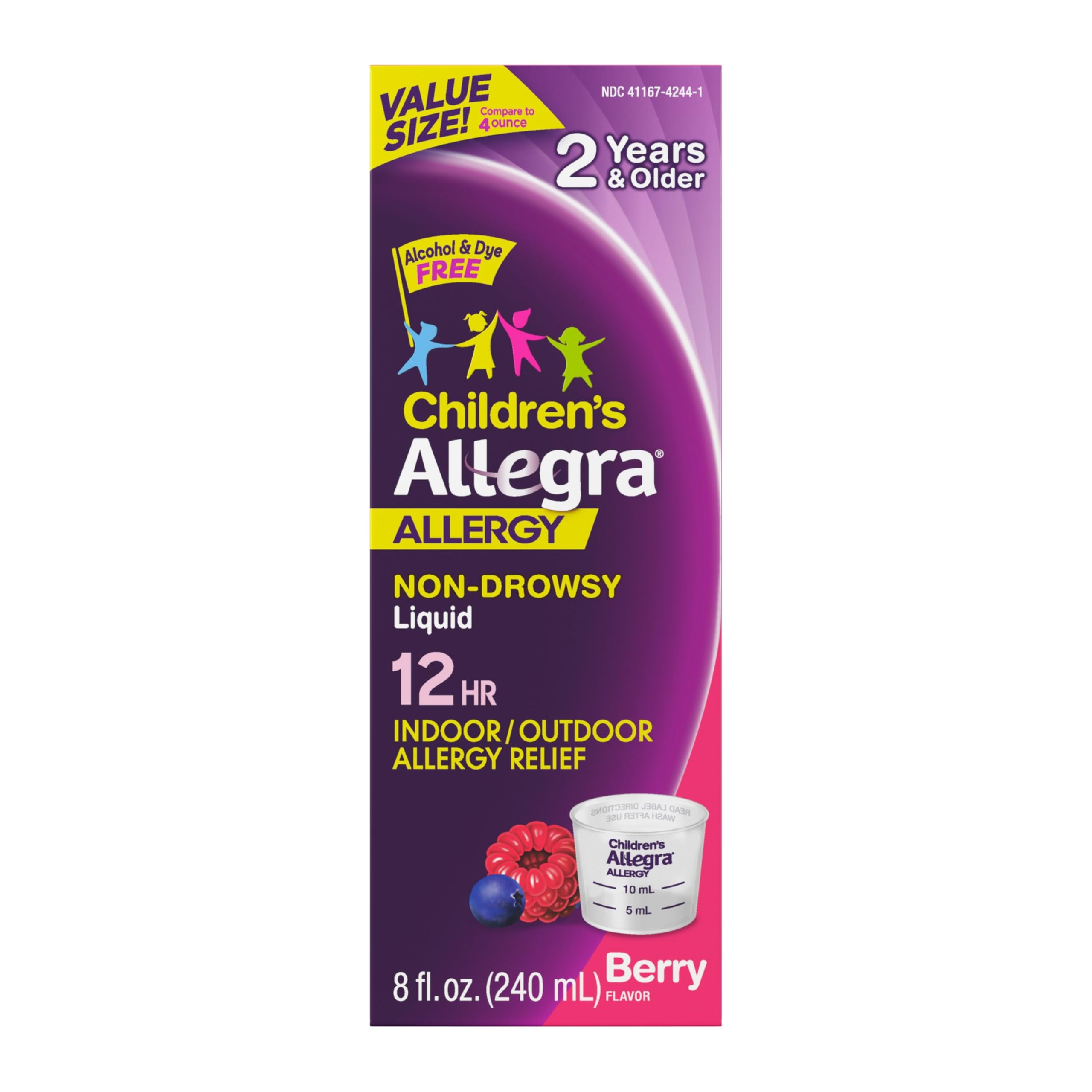 Allegra Children's 12-Hour Allergy Relief Liquid, Non-Drowsy Indoor and Outdoor Allergy Medicine, 30 mg Fexofenadine HCI Antihistamine for Kids, Berry Flavor, 8 oz