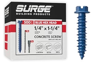 SURGE BUILDING PRODUCTS Surge BP - 1/4" x 1-1/4" Hex Head Blue Concrete Screw Anchor with Drill Bit & Driver | Masonry Screws for Concrete, Block, and Brick (Box of 500)