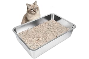 IKITCHEN Stainless Steel Cat Litter Box, Metal Cat Litter Tray with Anti-Slip Rubber Bottom, Kitty Litter Pan 23.5" L x 15.5"