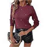 Verdusa Women's Business Casual Outfits Elegant Holiday Sweaters Pearl Long Sleeve Textured Knit Pullover Tops