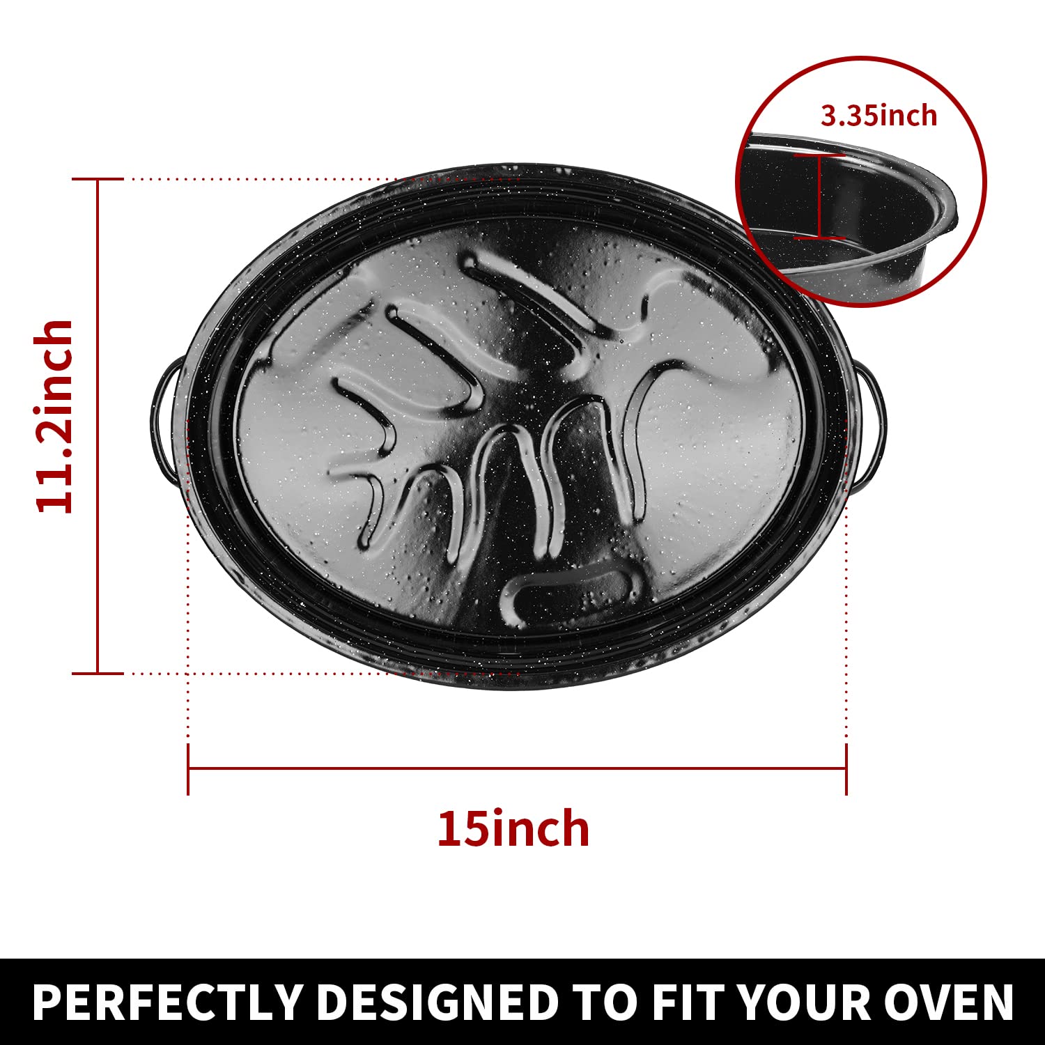 DIMESHY 18Inch Roasting Pan, Enamel on Steel, Black Covered Oval Roaster Pan with Lid, Large Cookware for Turkey, Small Chicken, Roast Baking Pan.