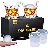 Mfacoy Old Fashioned Whiskey Glasses Set of 4 (2 Crystal Bourbon Glasses, 2 Round Big Ice Ball Molds 11 Oz Rocks Glass with Gift Box, Barware for Scotch Cocktail Rum Vodka Liquor, Gifts for Men