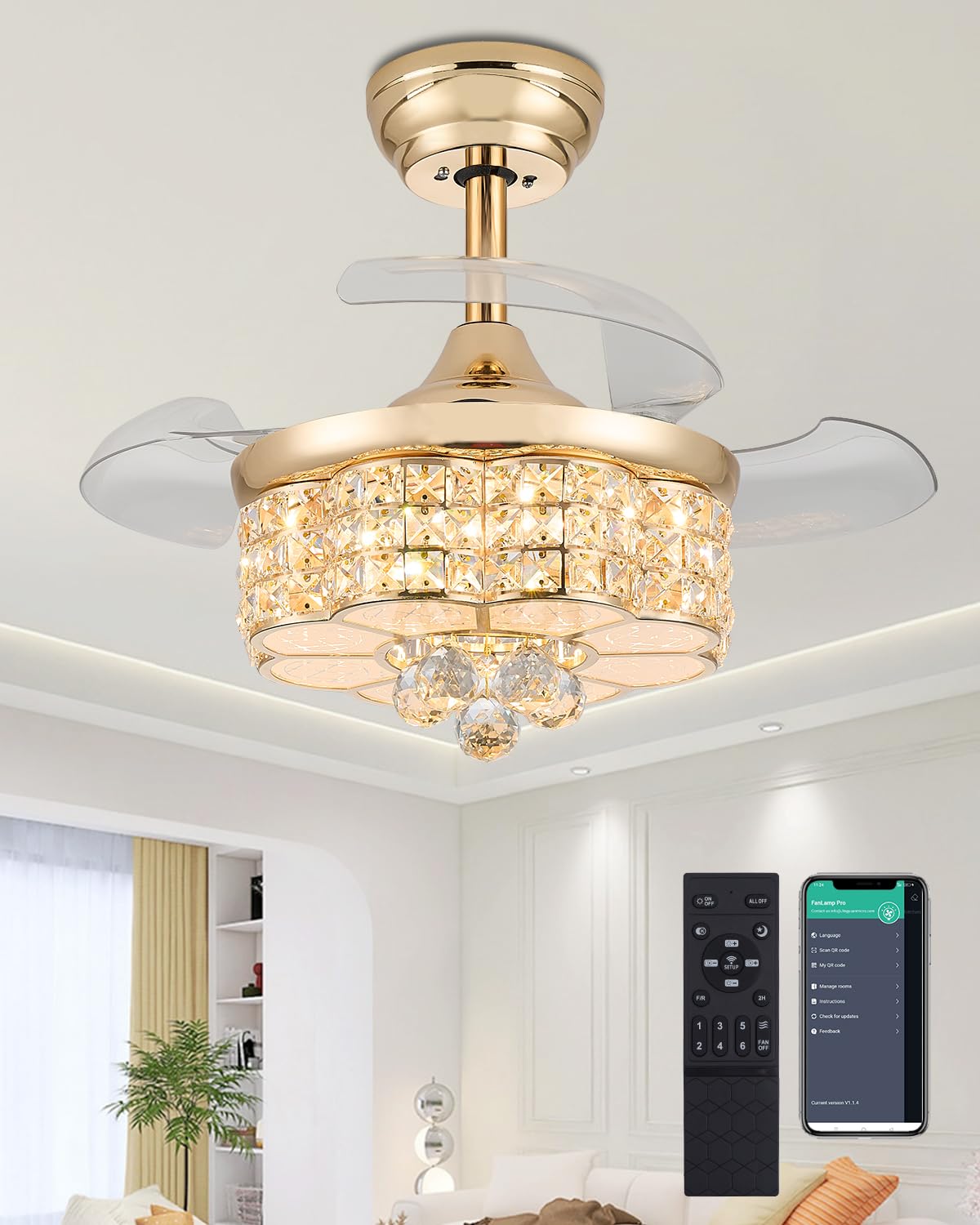 Photo 1 of **DAMAGED** Fejanical 30" Crystal Chandelier Ceiling Fan, Dimmable Retractable Ceiling Fan with Lights, Crystal Fandeliers with Lights and Remote for Bedroom Living Room, Gold